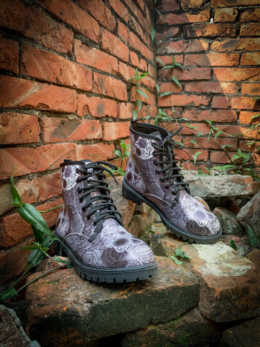 Grey Skull Rose Ankle Flat Combat Boots