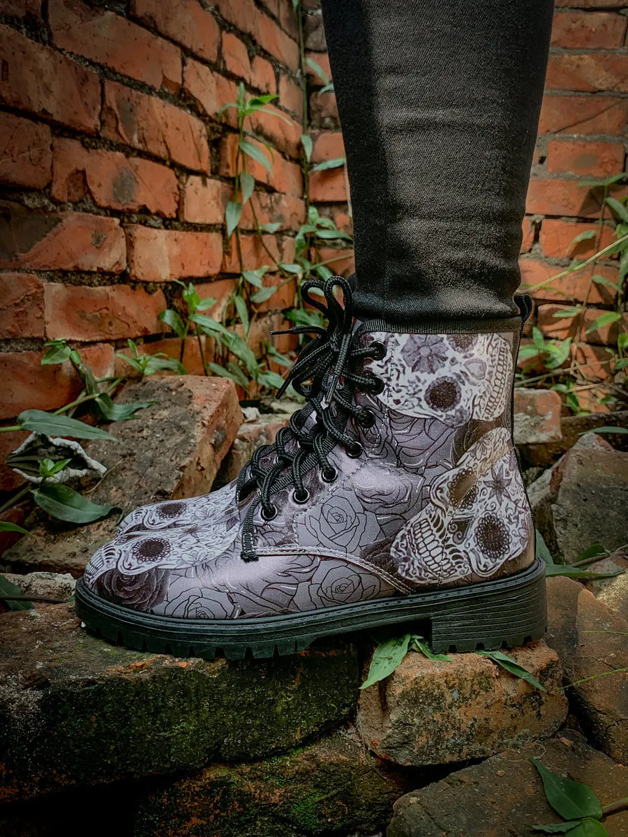Grey Skull Rose Ankle Flat Combat Boots