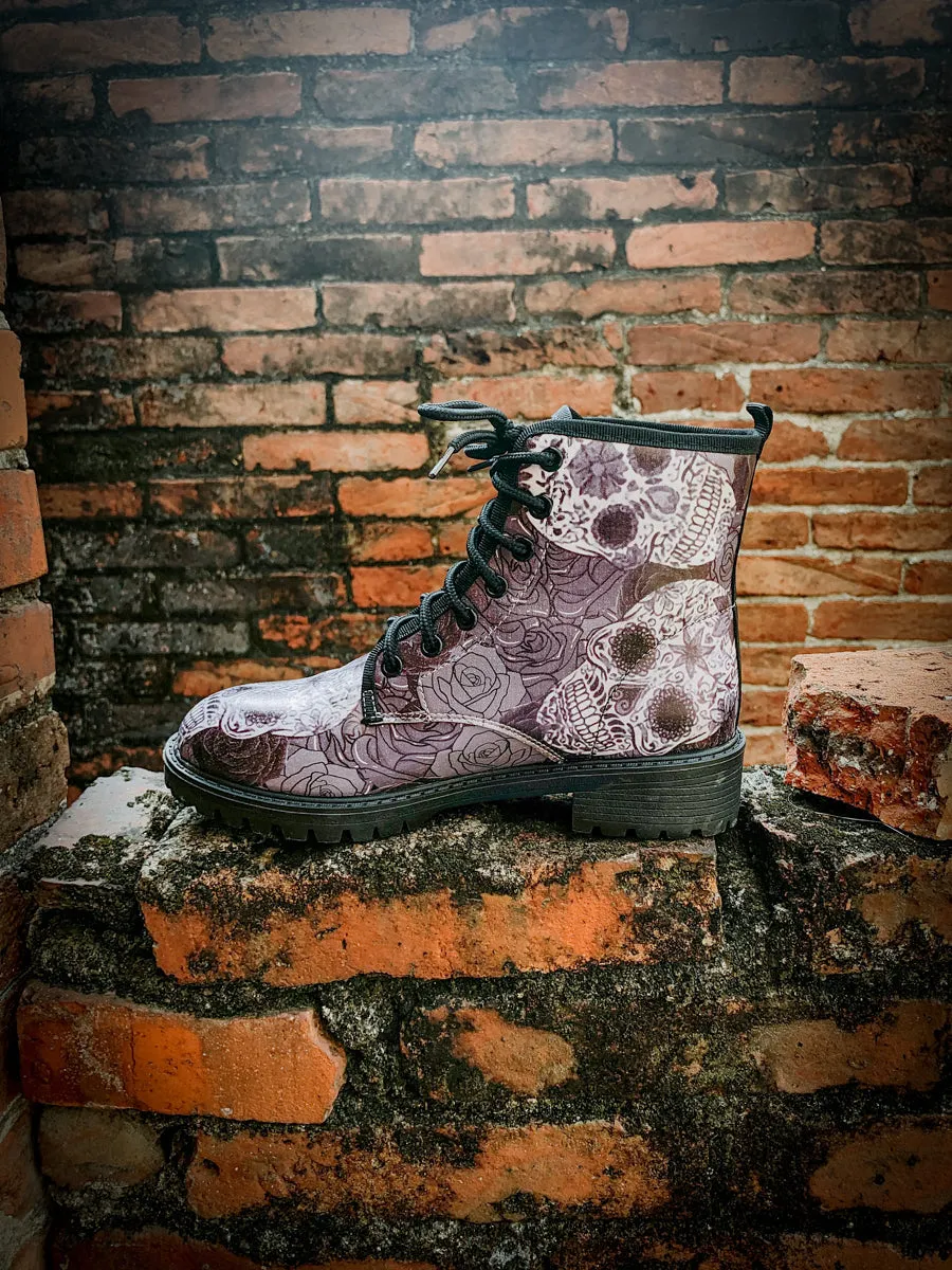 Grey Skull Rose Ankle Flat Combat Boots