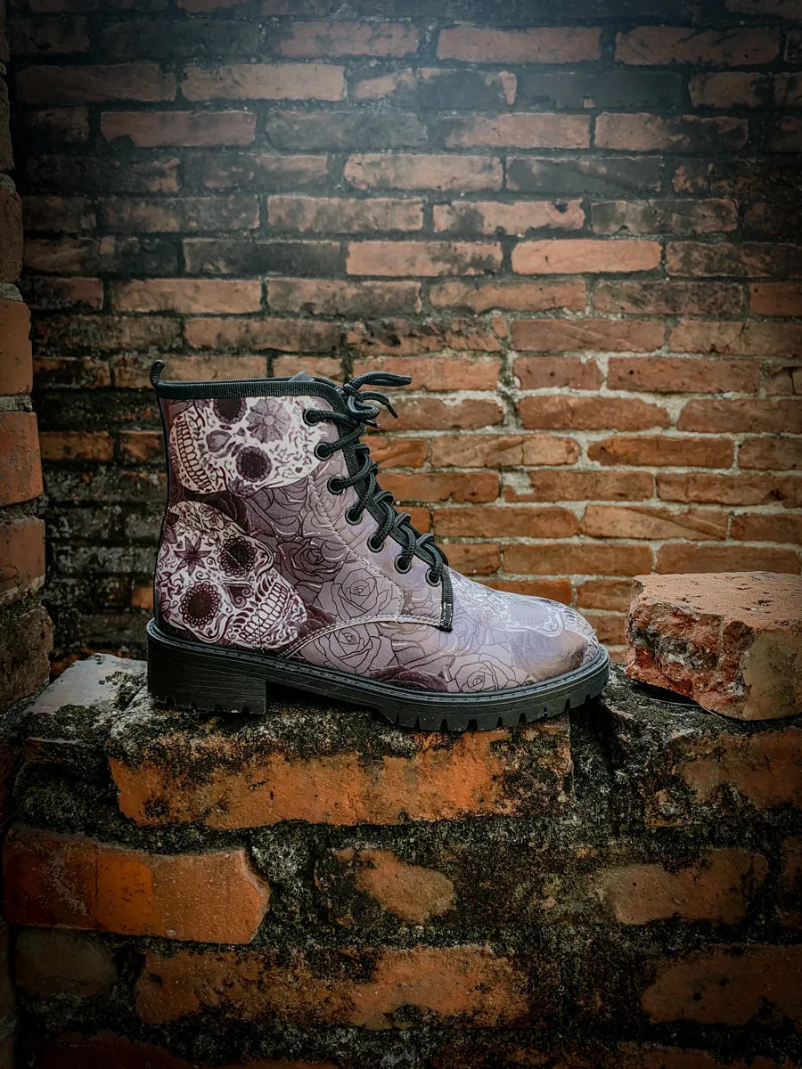 Grey Skull Rose Ankle Flat Combat Boots