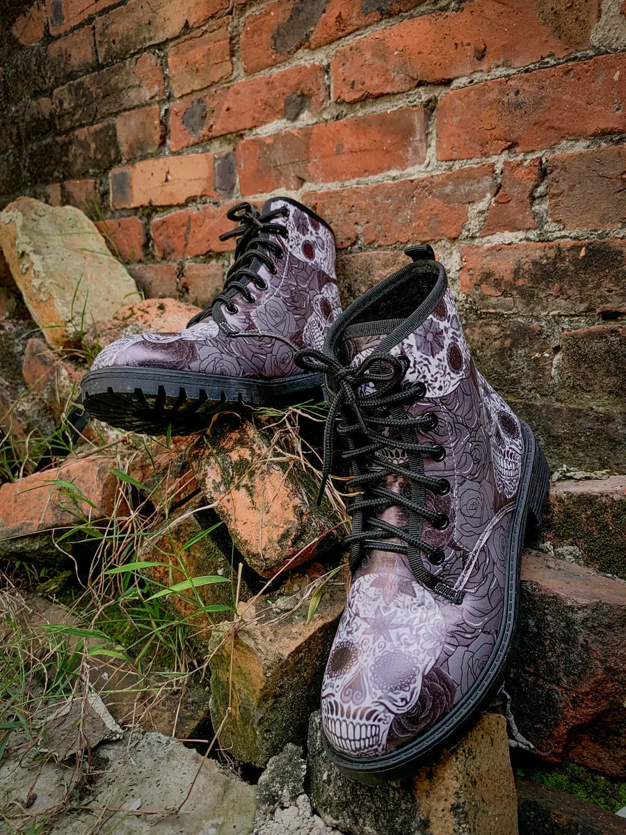 Grey Skull Rose Ankle Flat Combat Boots