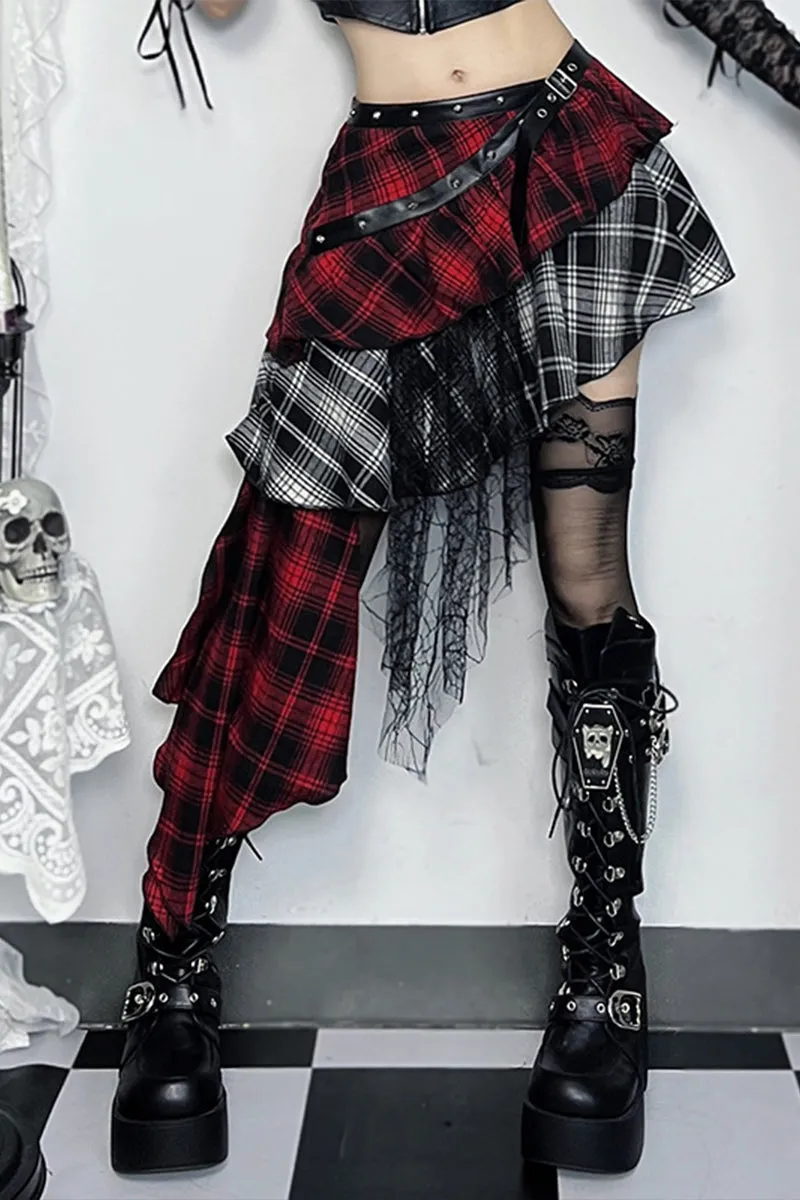 HQS1321 Punk Asymmetrical Plaid Skirt