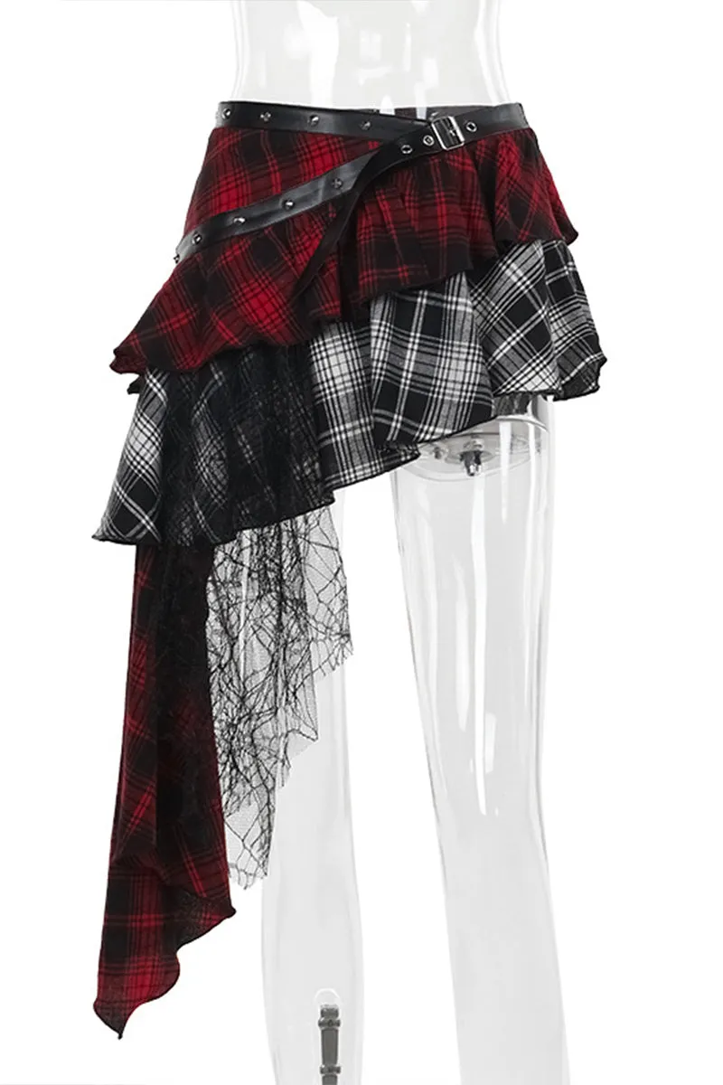 HQS1321 Punk Asymmetrical Plaid Skirt