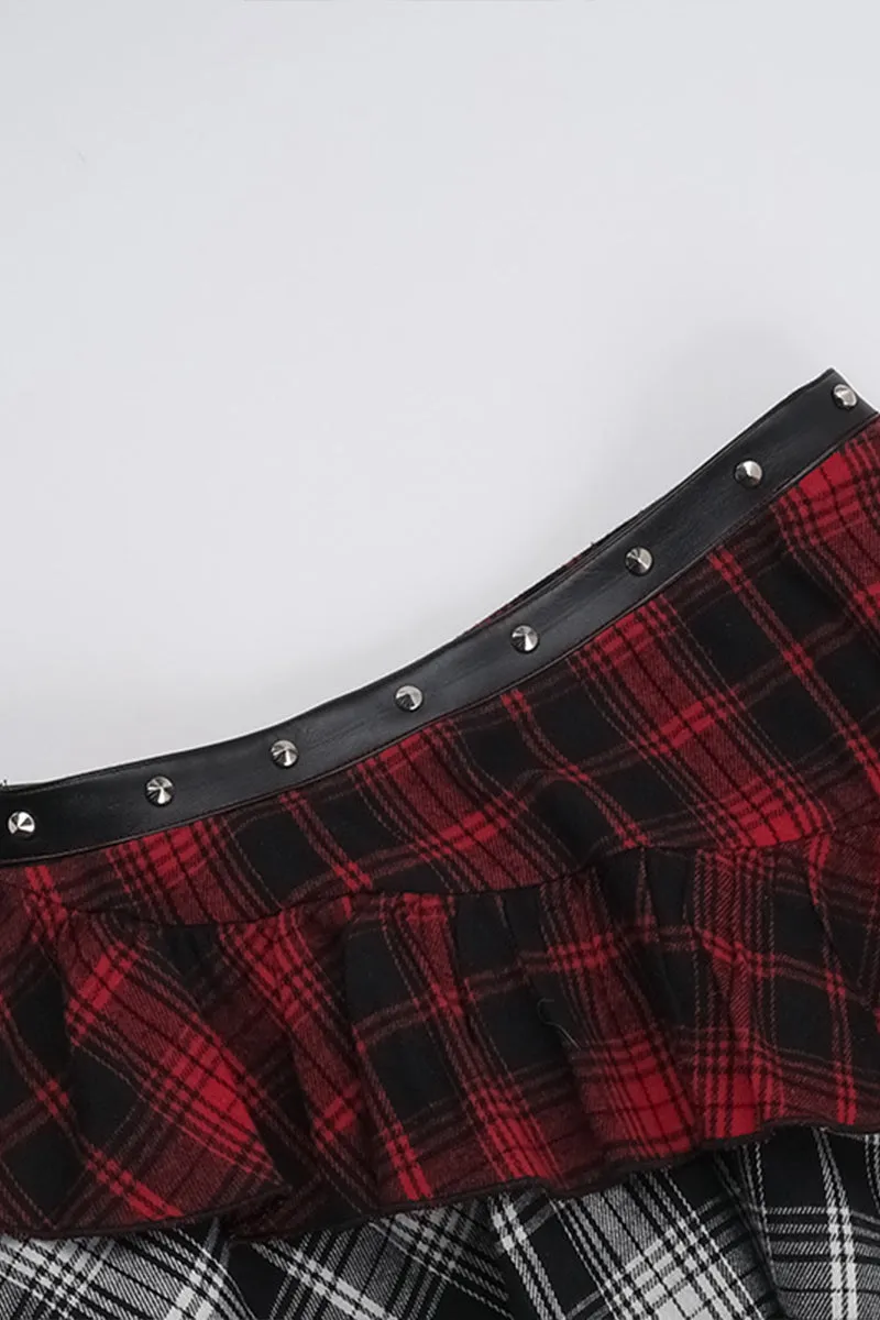 HQS1321 Punk Asymmetrical Plaid Skirt