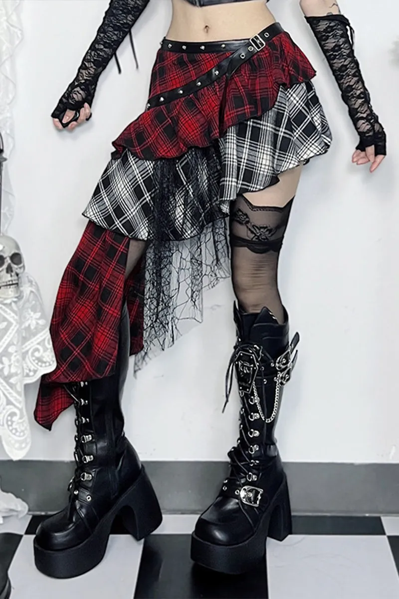 HQS1321 Punk Asymmetrical Plaid Skirt