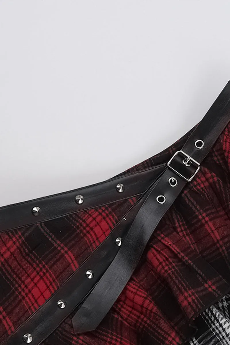 HQS1321 Punk Asymmetrical Plaid Skirt