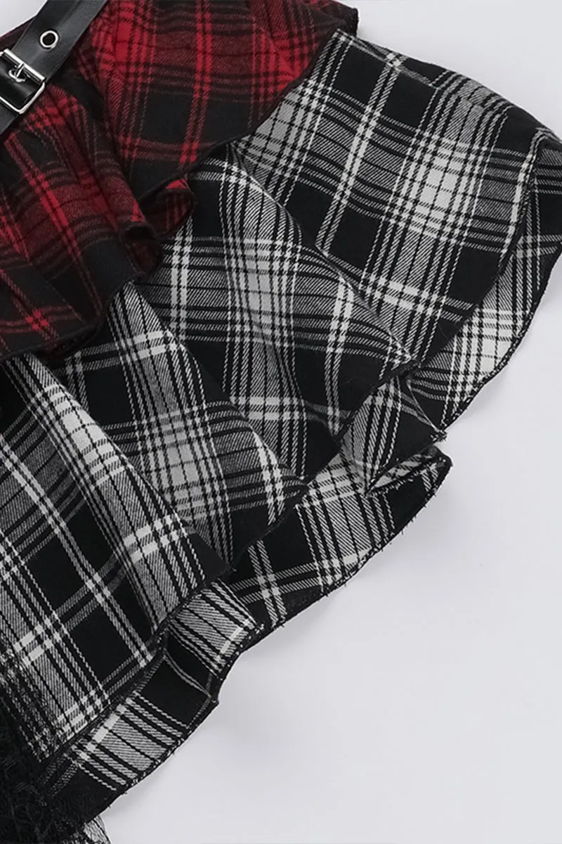 HQS1321 Punk Asymmetrical Plaid Skirt