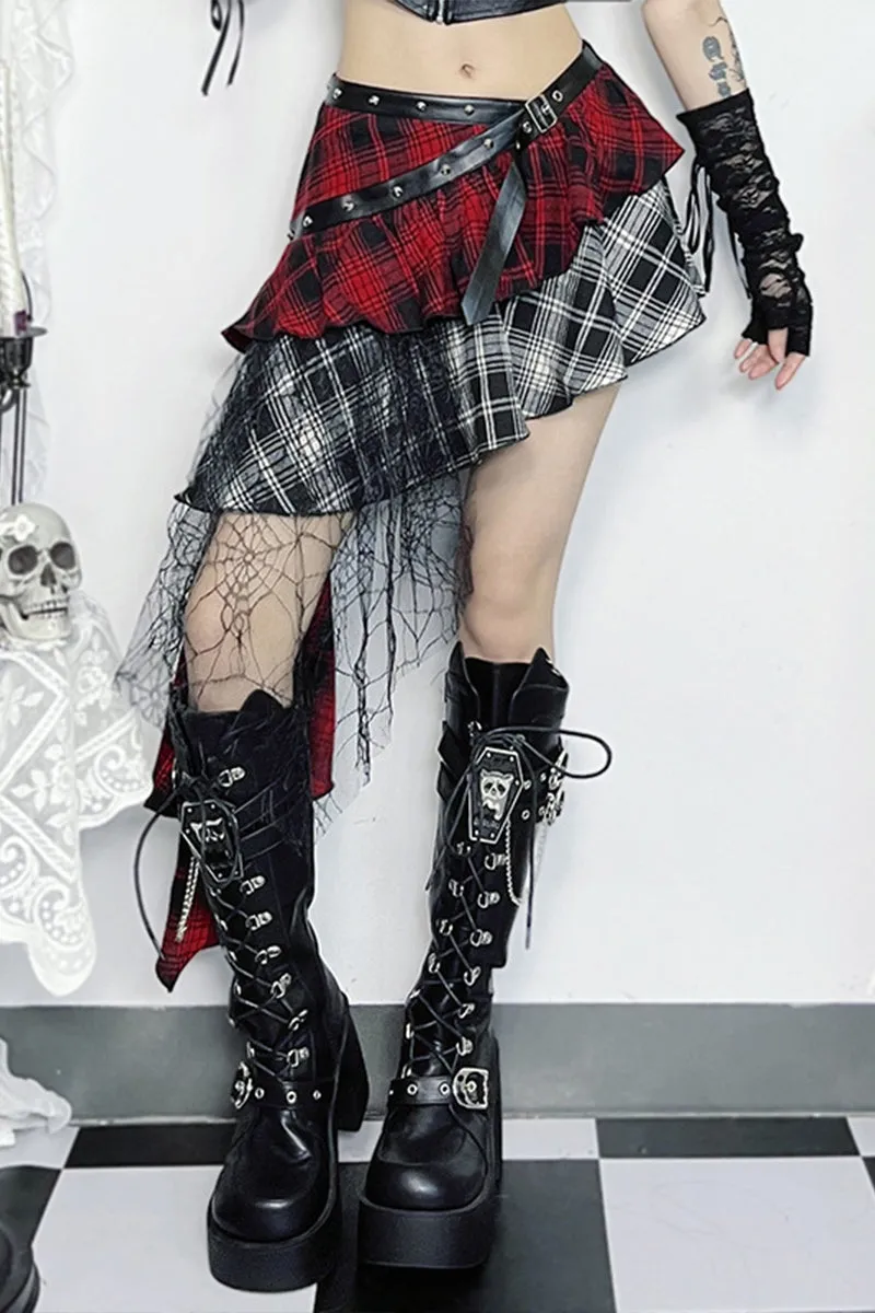 HQS1321 Punk Asymmetrical Plaid Skirt