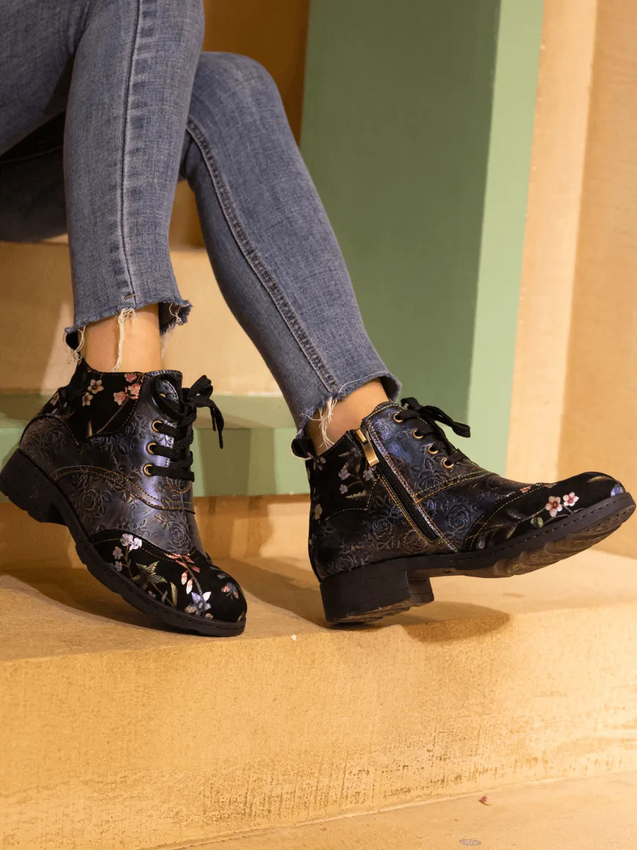 Jordie Floral Embossed Leather Combat Boots - Violet