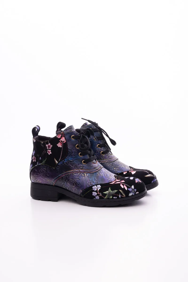 Jordie Floral Embossed Leather Combat Boots - Violet