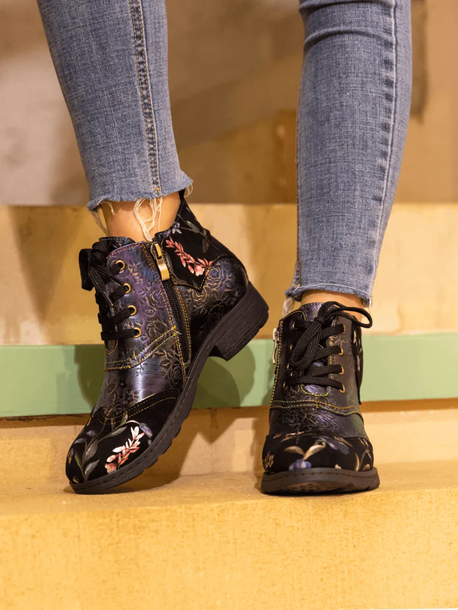 Jordie Floral Embossed Leather Combat Boots - Violet