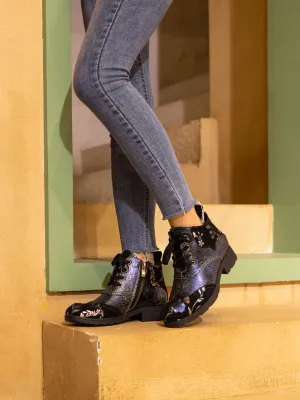 Jordie Floral Embossed Leather Combat Boots - Violet