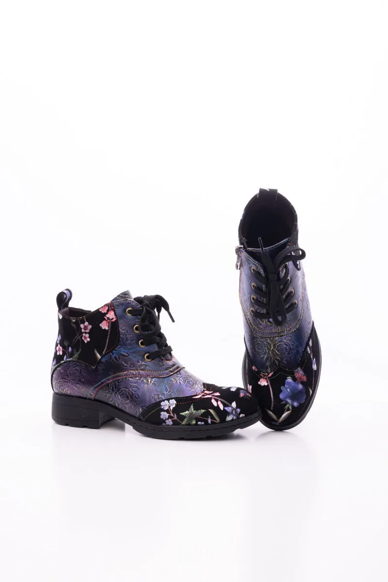 Jordie Floral Embossed Leather Combat Boots - Violet