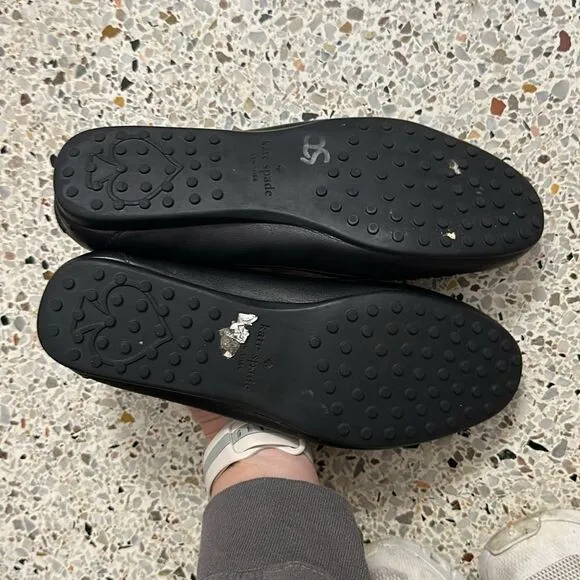 Kate Spade black leather loafers gold logo 8