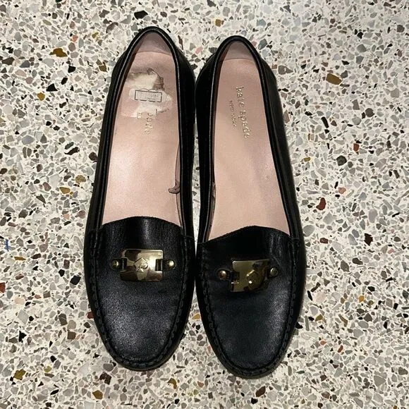 Kate Spade black leather loafers gold logo 8