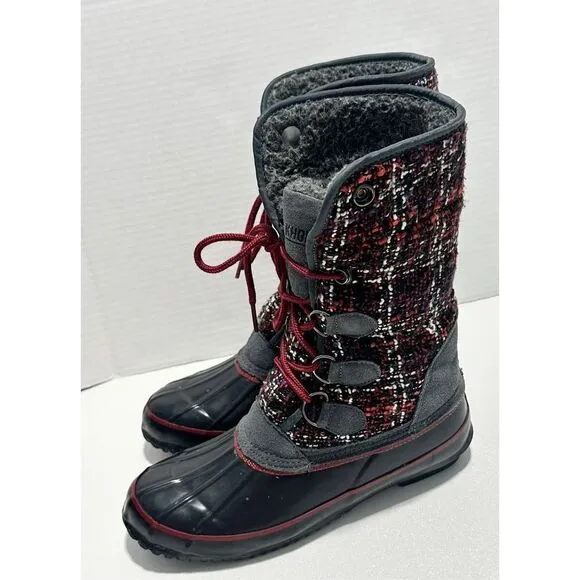 Khombu Elysse Rubber Upper Water Resistant Boots Plaid Lace Up Black Red 8