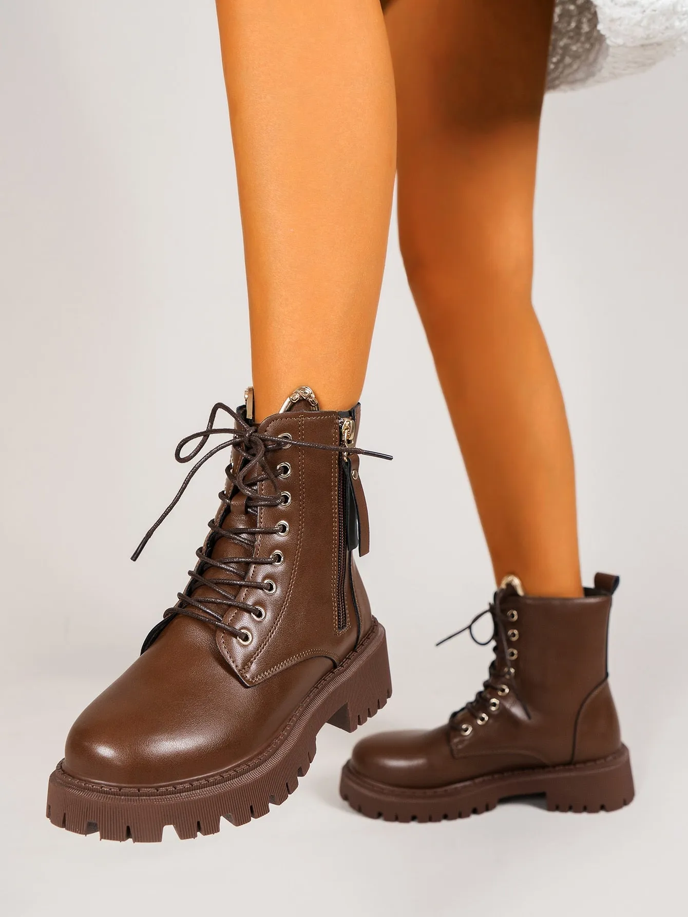 Lace-up Front, Side Zipper Combat Boots - Brown- FD ⚡