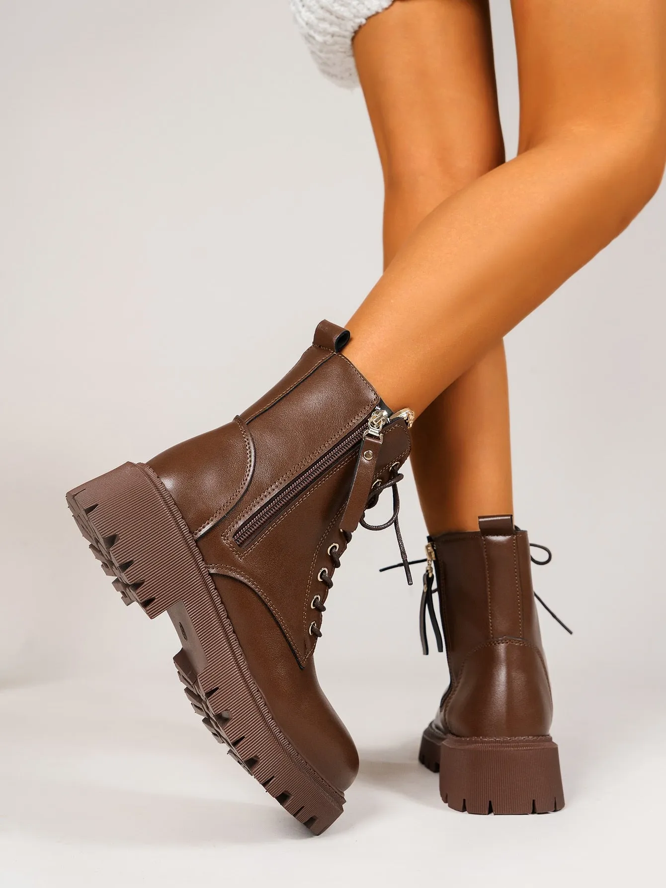 Lace-up Front, Side Zipper Combat Boots - Brown- FD ⚡