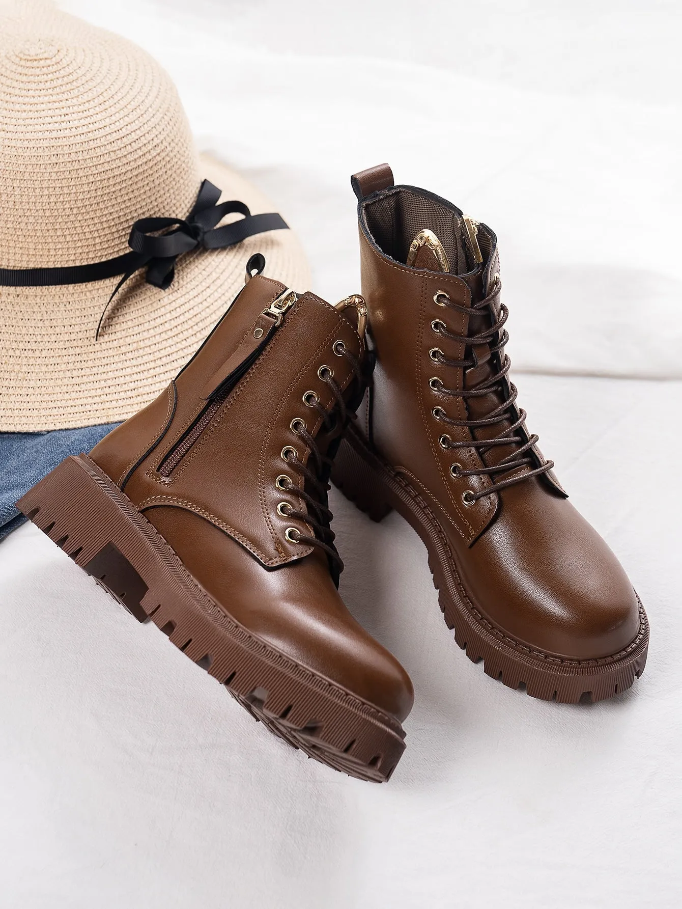Lace-up Front, Side Zipper Combat Boots - Brown- FD ⚡