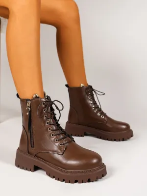 Lace-up Front, Side Zipper Combat Boots - Brown- FD ⚡