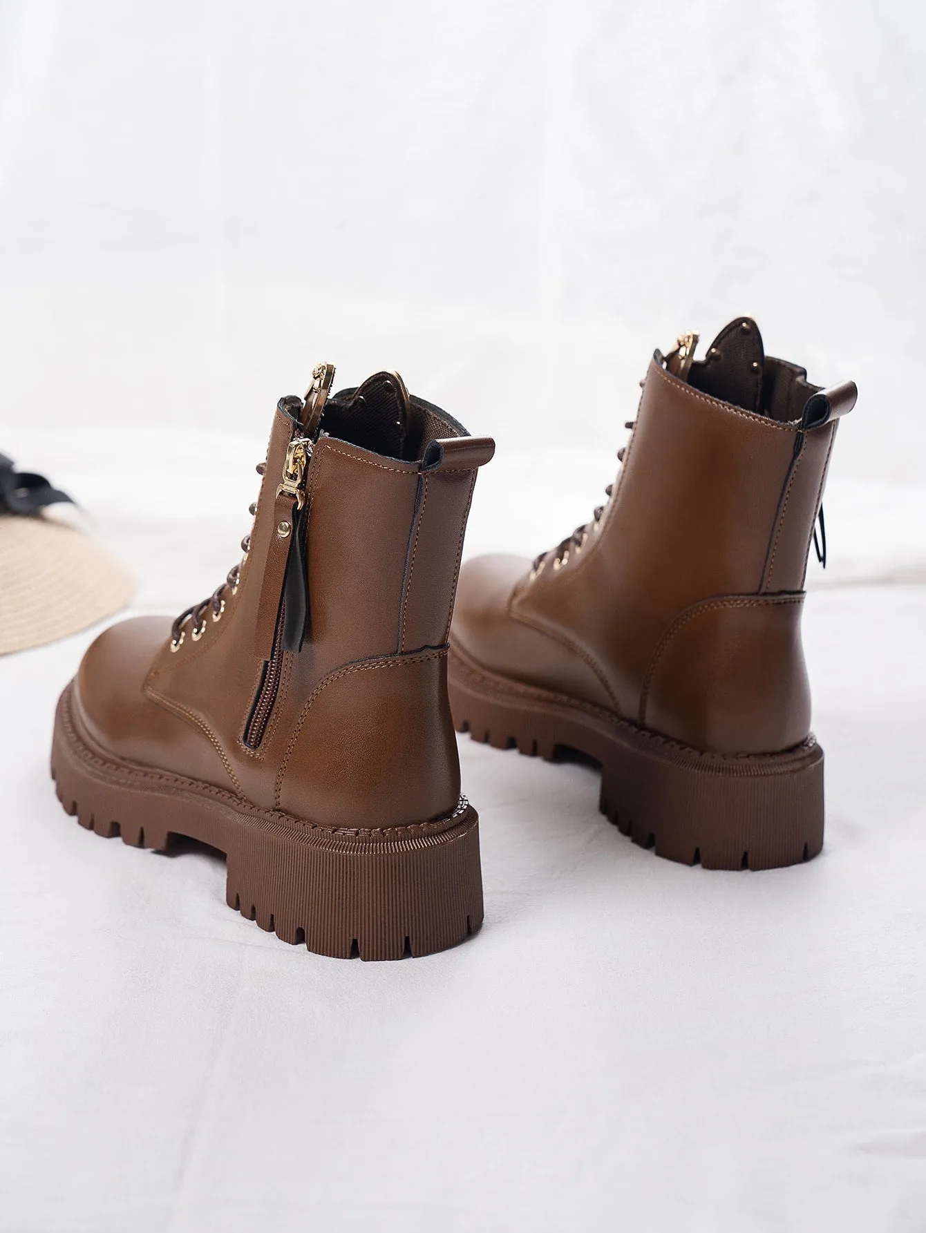 Lace-up Front, Side Zipper Combat Boots - Brown- FD ⚡
