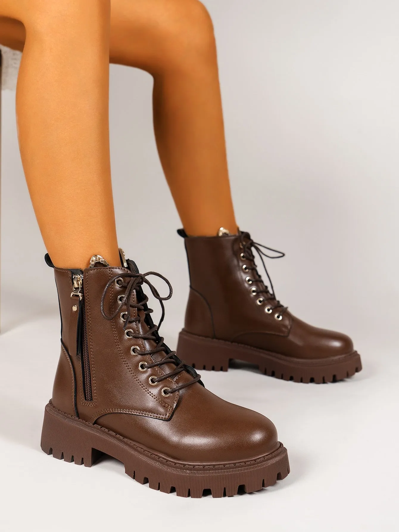 Lace-up Front, Side Zipper Combat Boots - Brown- FD ⚡