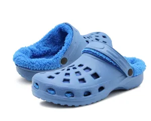 Mens Clogs Warm Fur Lined Thermal Blue Garden Clogs Slip On Lightweight EVA Slippers Indoor House Shoes Shower Sandals
