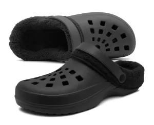 Mens Clogs Warm Fur Lined Thermal Garden Black Clogs Slip On Lightweight EVA Slippers Indoor House Shoes Shower Sandals