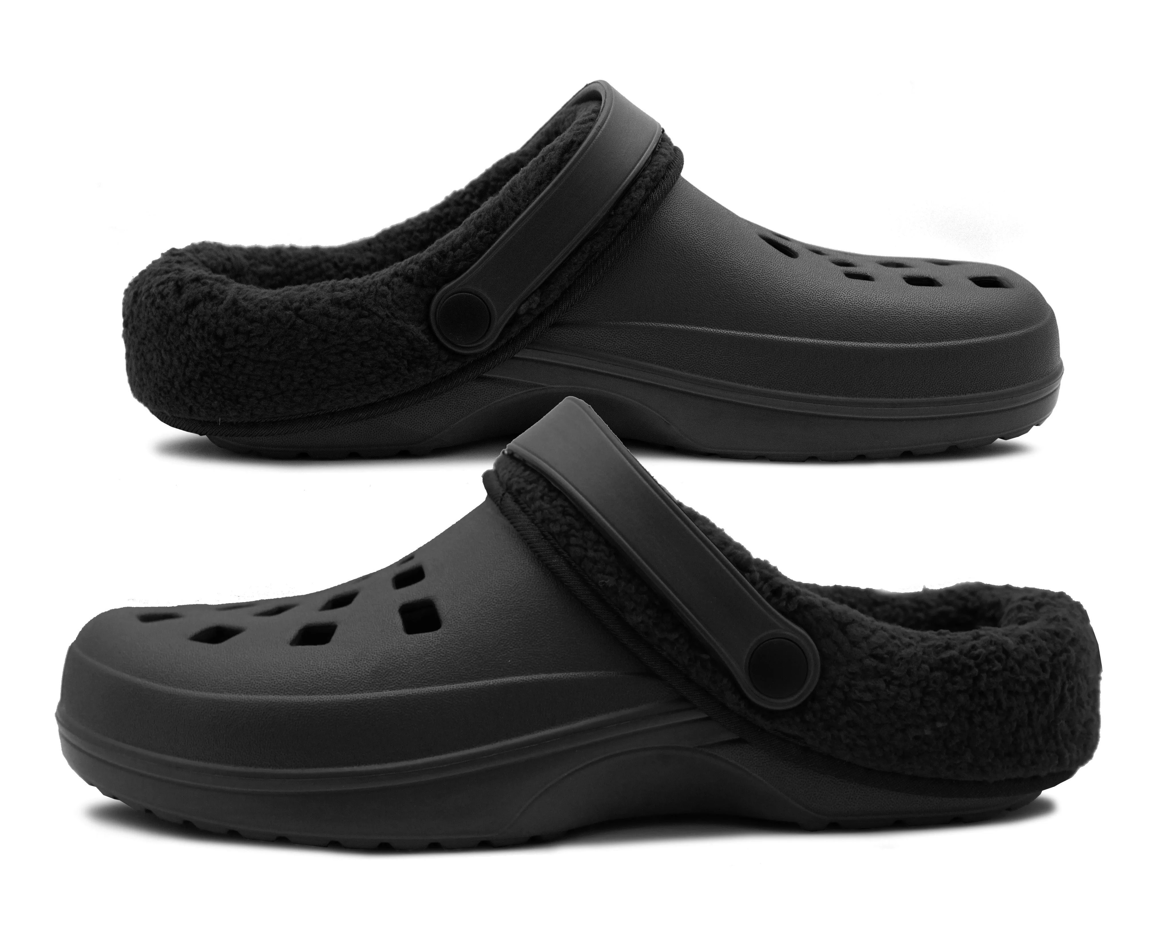 Mens Clogs Warm Fur Lined Thermal Garden Black Clogs Slip On Lightweight EVA Slippers Indoor House Shoes Shower Sandals