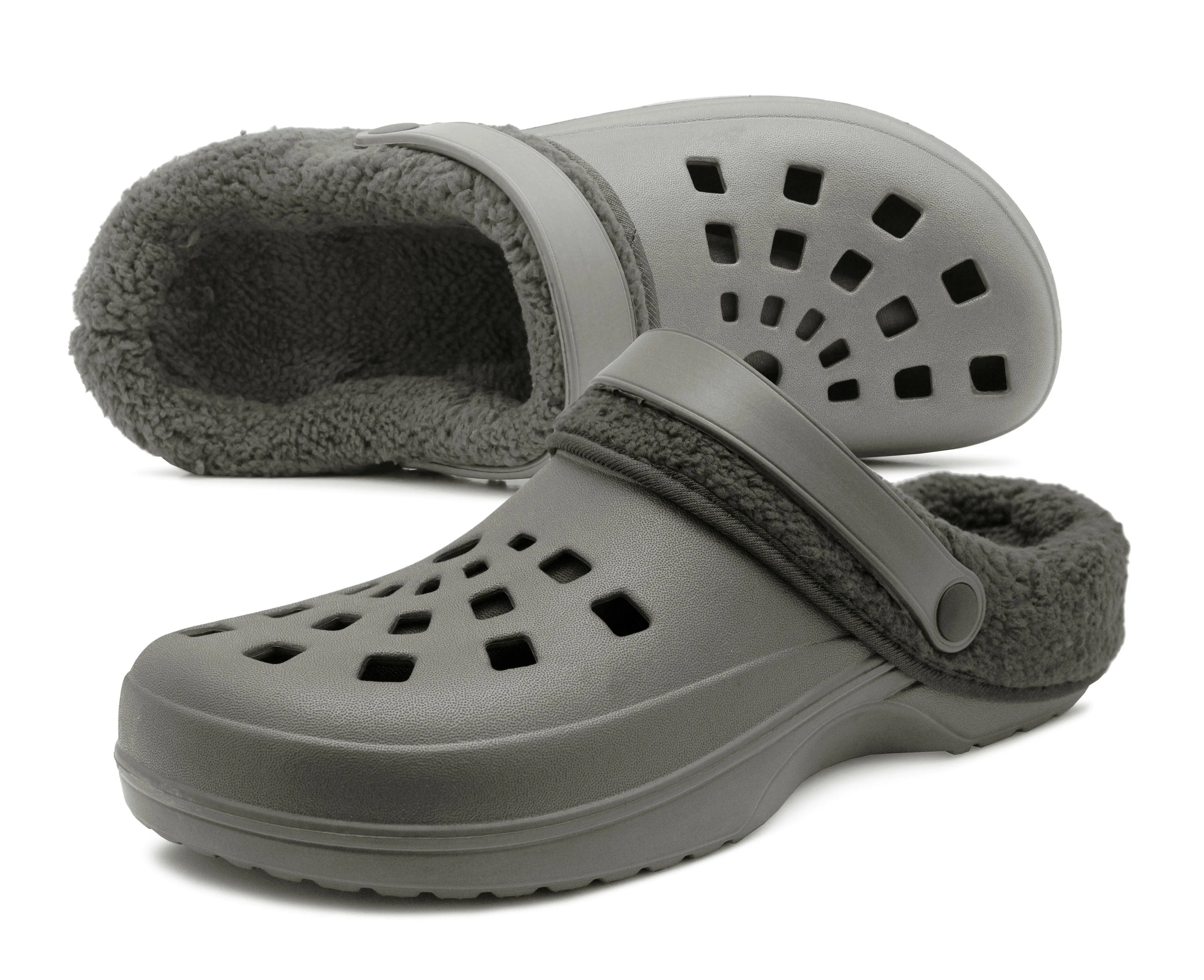 Mens Clogs Warm Fur Lined Thermal Garden Grey Clogs Slip On Lightweight EVA Slippers Indoor House Shoes Shower Sandals