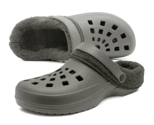 Mens Clogs Warm Fur Lined Thermal Garden Grey Clogs Slip On Lightweight EVA Slippers Indoor House Shoes Shower Sandals