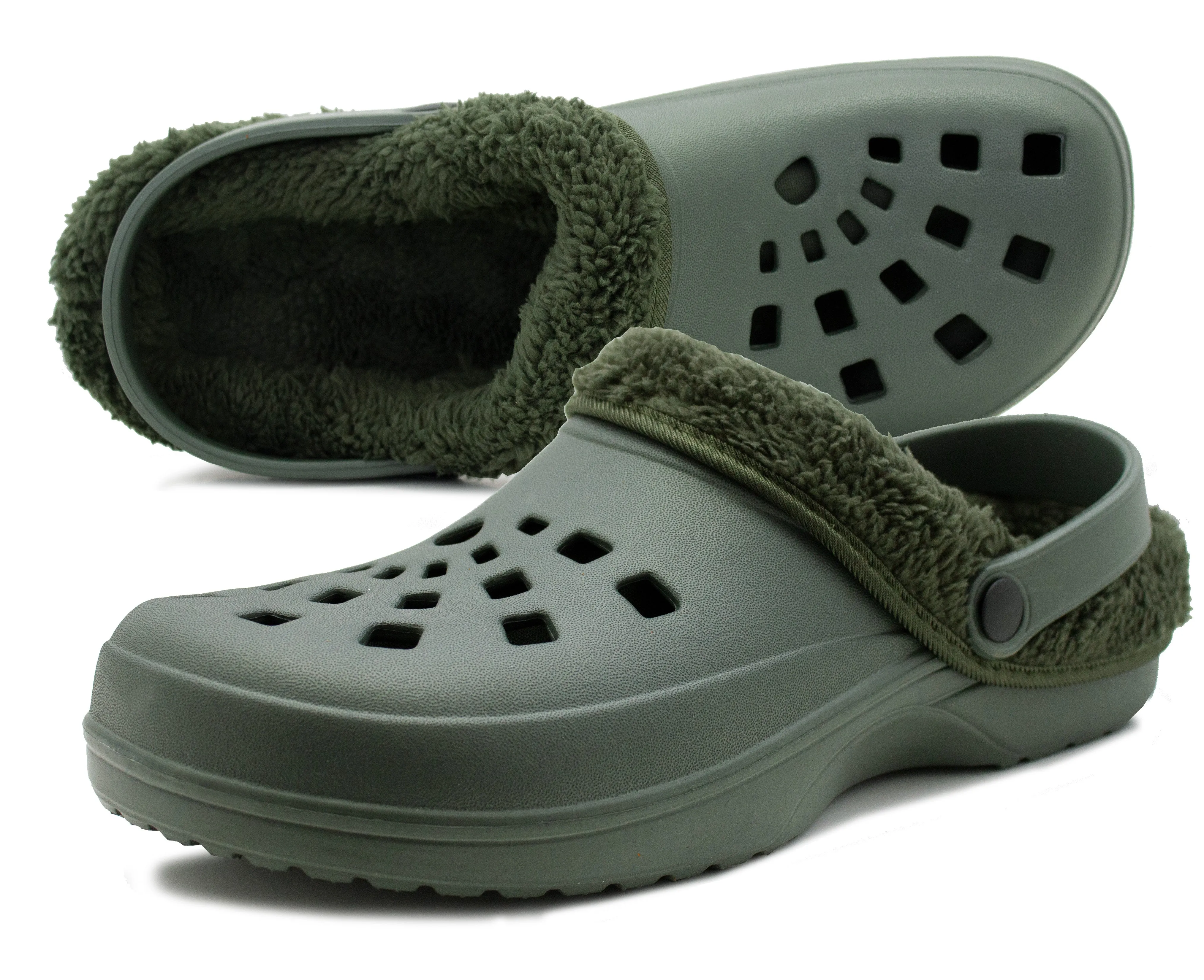Mens Clogs Warm Fur Lined Thermal Garden Khaki Clogs Slip On Lightweight EVA Slippers Indoor House Shoes Shower Sandals
