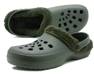 Mens Clogs Warm Fur Lined Thermal Garden Khaki Clogs Slip On Lightweight EVA Slippers Indoor House Shoes Shower Sandals