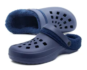 Mens Clogs Warm Fur Lined Thermal Garden Navy Clogs Slip On Lightweight EVA Slippers Indoor House Shoes Shower Sandals