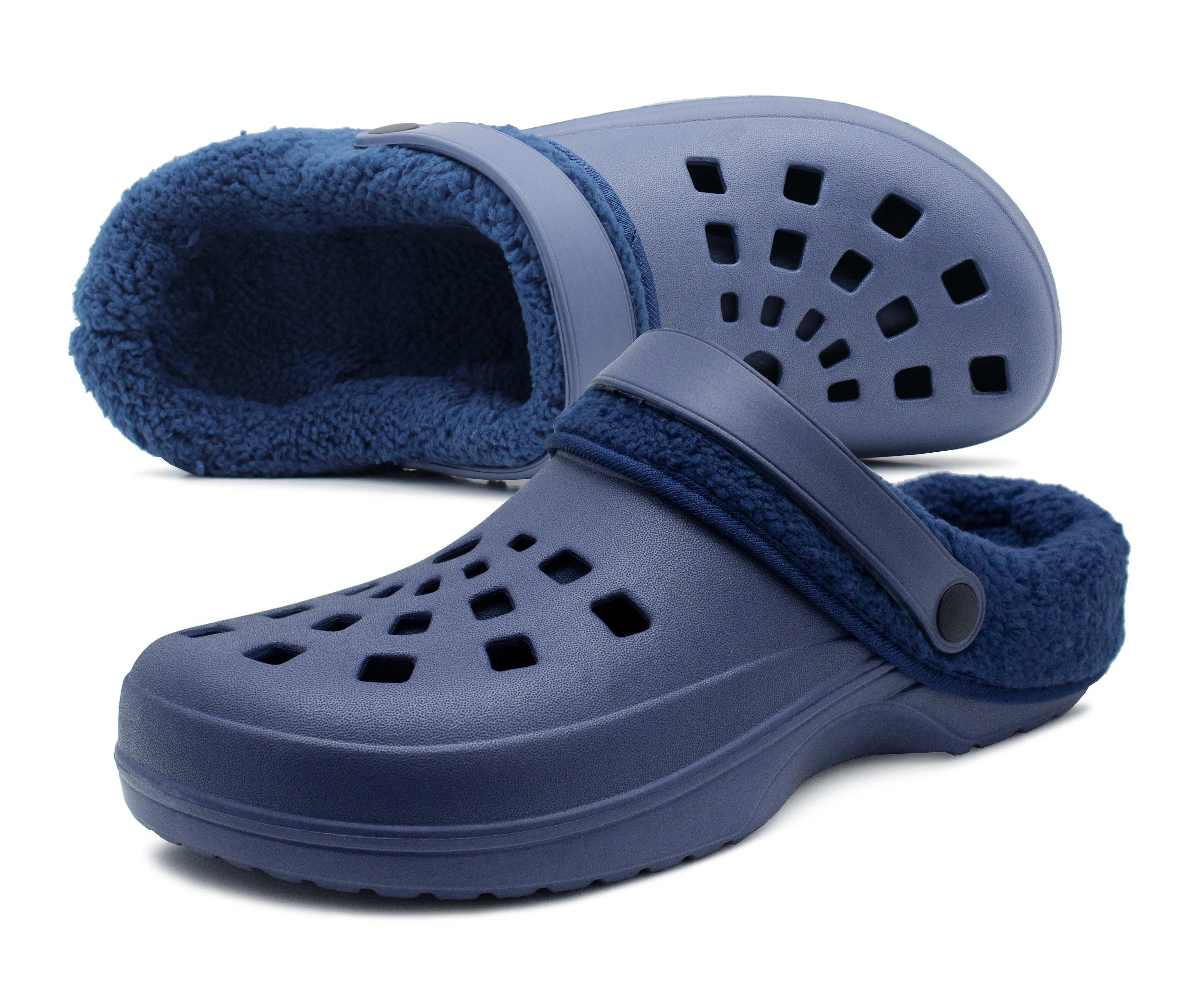 Mens Clogs Warm Fur Lined Thermal Garden Navy Clogs Slip On Lightweight EVA Slippers Indoor House Shoes Shower Sandals