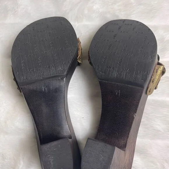 Mia leather braided antique gold tone slides sandals side buckle accent SZ11