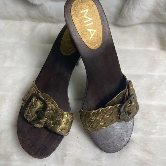 Mia leather braided antique gold tone slides sandals side buckle accent SZ11