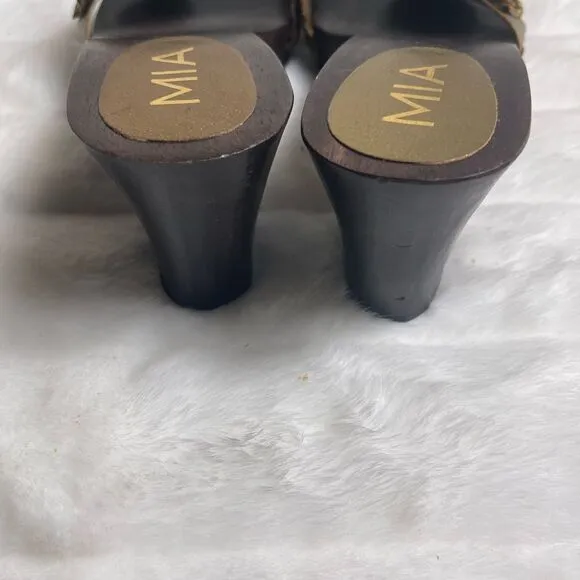 Mia leather braided antique gold tone slides sandals side buckle accent SZ11