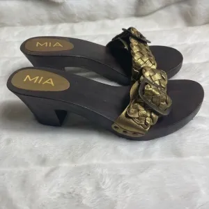 Mia leather braided antique gold tone slides sandals side buckle accent SZ11