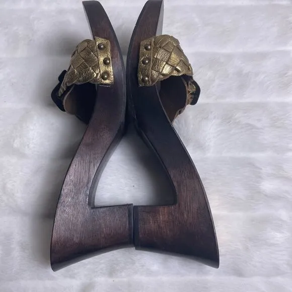 Mia leather braided antique gold tone slides sandals side buckle accent SZ11