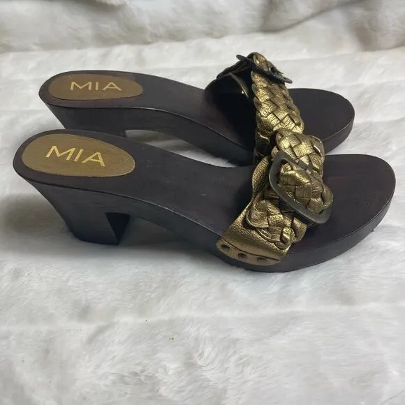 Mia leather braided antique gold tone slides sandals side buckle accent SZ11