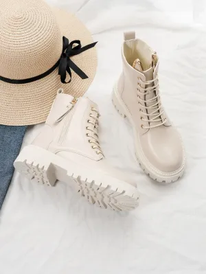 Minimalist Lace-up Front Combat Boots - Beige- FD ⚡