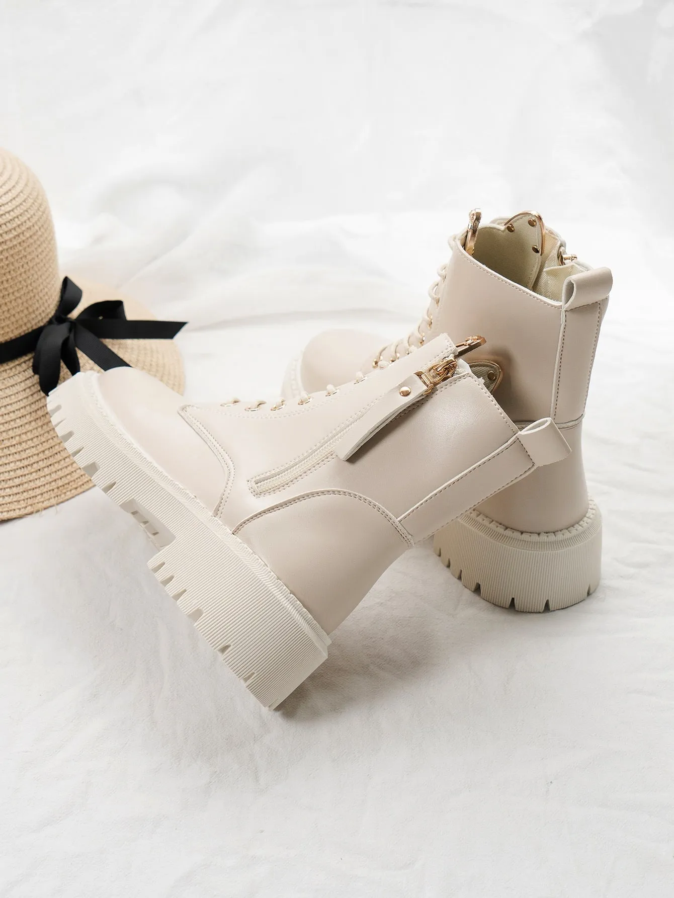 Minimalist Lace-up Front Combat Boots - Beige- FD ⚡