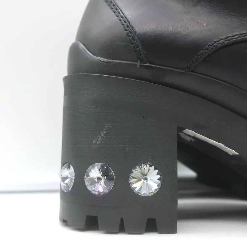 Miu Miu Nevermind Crystal-Embellished Combat Boots Black Leather Size 35.5