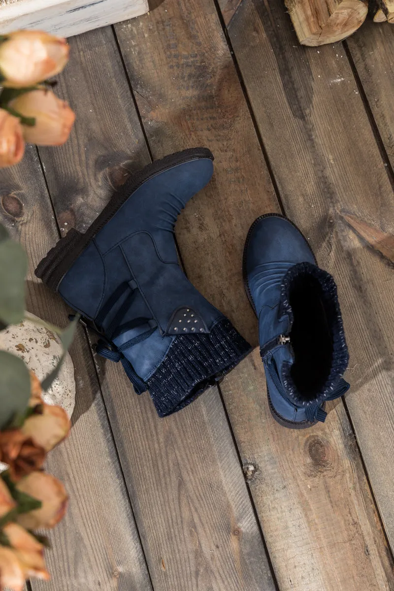 Navy Ruched Back Tie-Accent Combat Boot