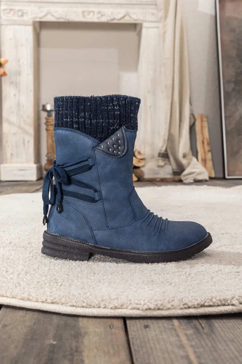 Navy Ruched Back Tie-Accent Combat Boot