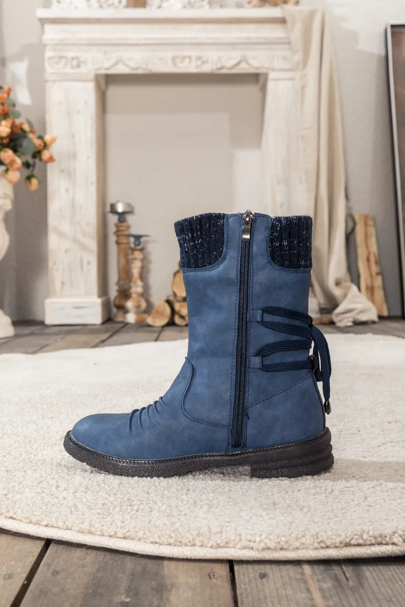 Navy Ruched Back Tie-Accent Combat Boot