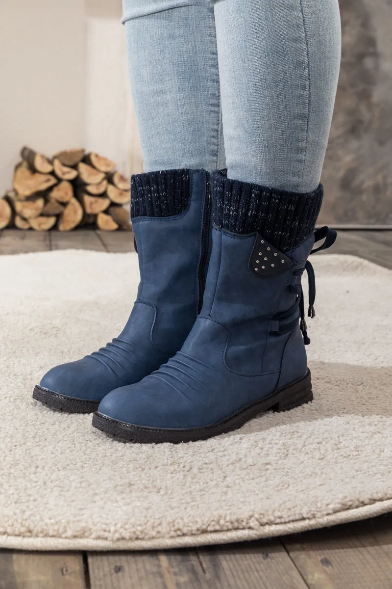 Navy Ruched Back Tie-Accent Combat Boot