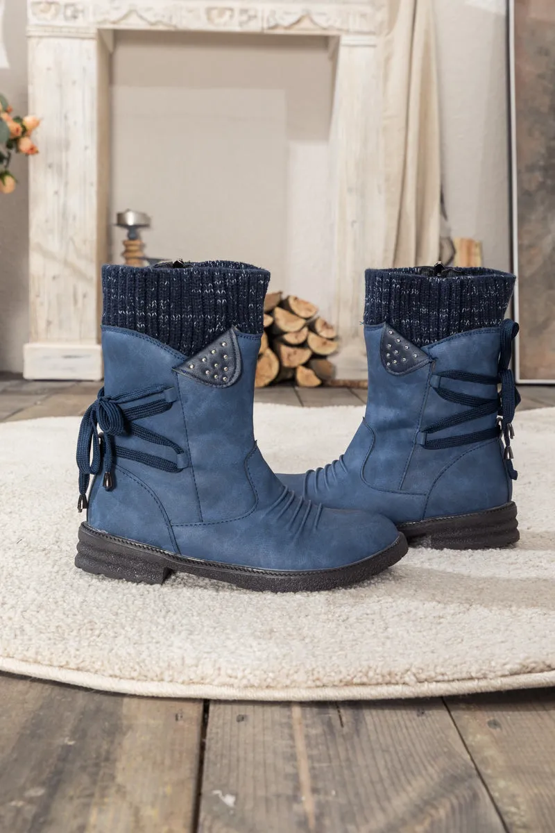 Navy Ruched Back Tie-Accent Combat Boot