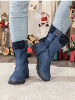 Navy Ruched Back Tie-Accent Combat Boot